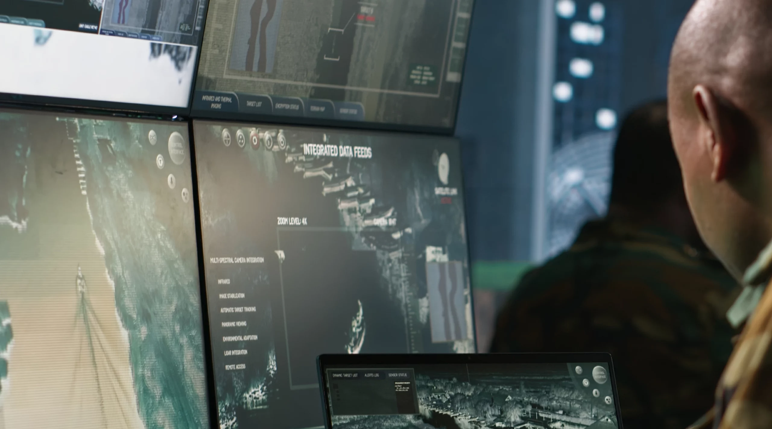 surveillance des écrans de contrôle affichant des flux de données intégrés et de l'imagerie thermique aérienne.